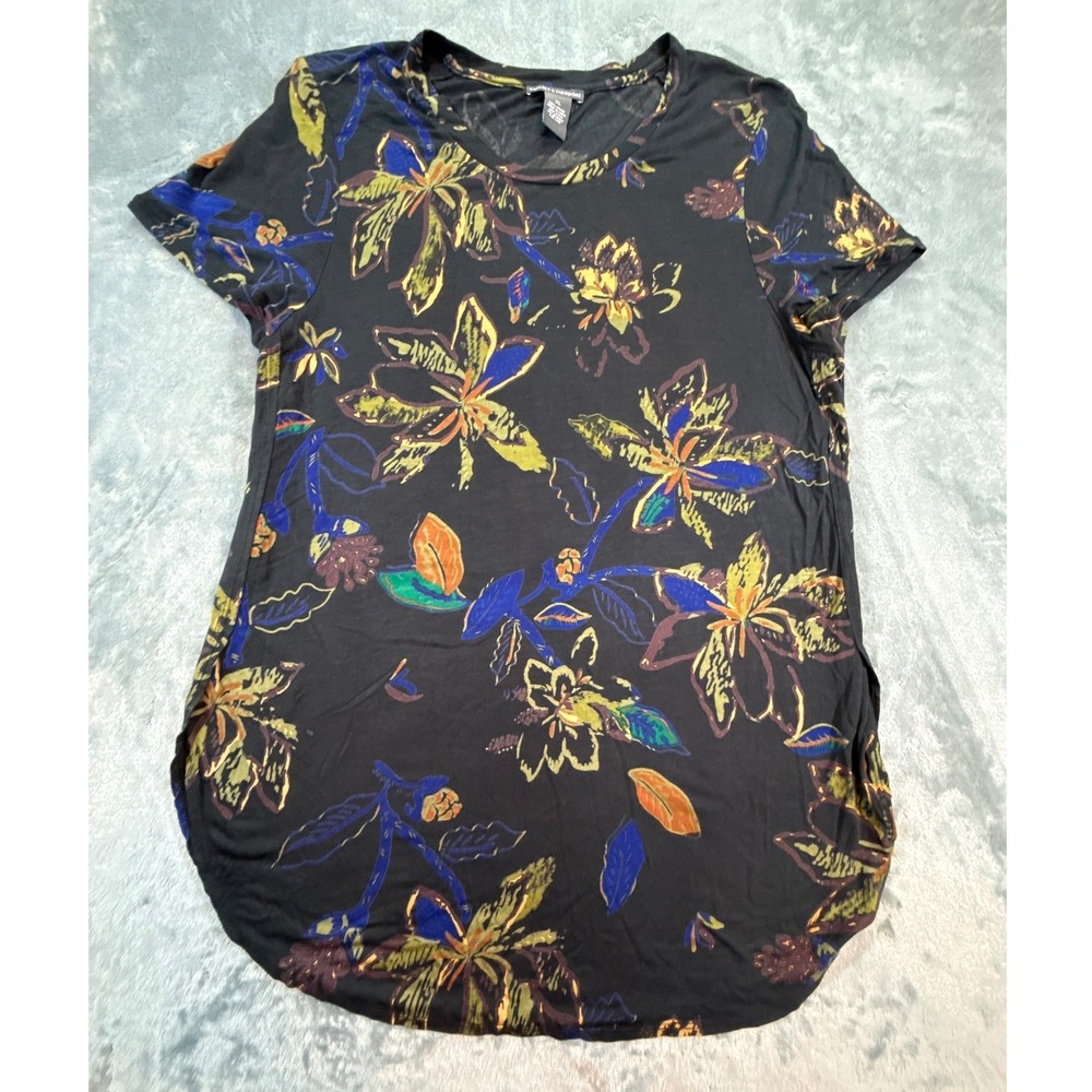 Chelsea & Theodore Womens XL Black Floral Tropical Rayon Short Sleeve Tunic Top